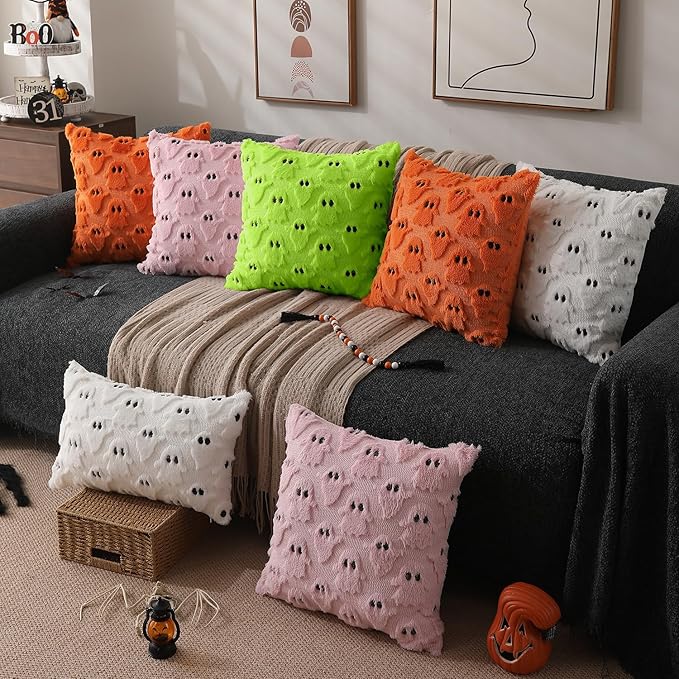 DFXSZ Halloween Pillow Covers 20x20 inch Set of 2 Green Ghost Throw Pillow Cases Soft Plush Faux Fur Wool Couch Cushion Case for Chair Sofa Bedroom Living Room Home Decor PTK03Y20