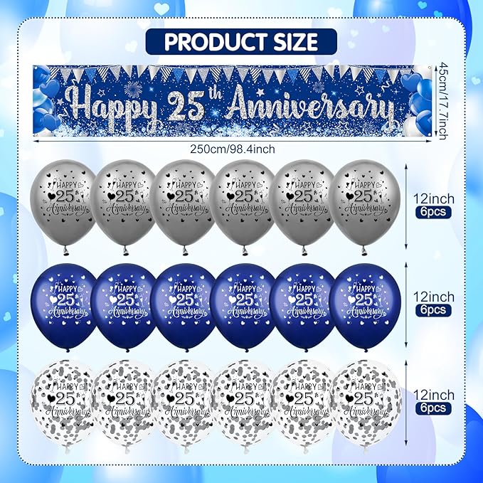 Blue Silver 25th Anniversary Decorations for Men Women, Blue Happy 25th Anniversary Banner and 18Pcs Balloons for 25 Years Silver Wedding Party Decoration Supplies