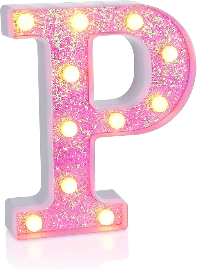 Foaky Pink Light up Letters，Pink Party Decorations,Girls Room Decor,Glitter Light Up Letters,Alphabet Letter Sign for Night Light Birthday Party Girls Gifts, Home Bar Decoration（P）
