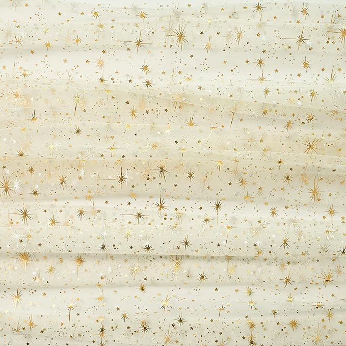 Horaldaily Beige Gold Sparkling Star Gauze Tablecloth 60x140 Inch Rectangular, Golden Star Sequin Glitter Metallic Foil, Sheer Tulle Cheesecloth for Wedding Baby Shower Party