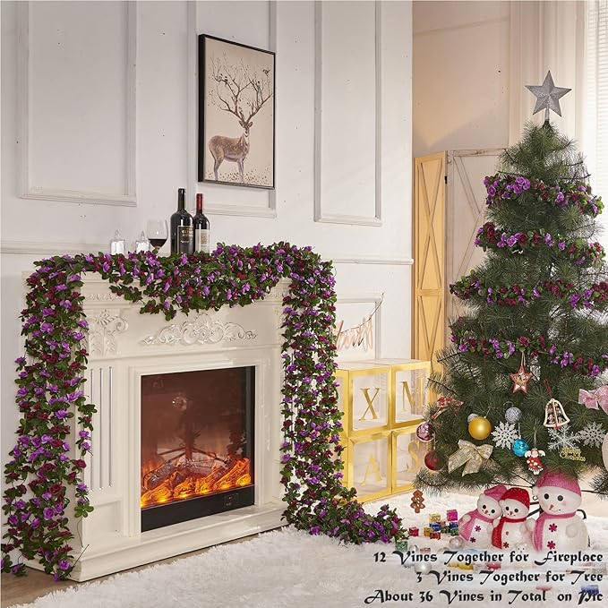 8 Pcs x 8.2 ft Flower Garland Artificial Rose Vine Flowers with Green Leaves Hanging Fake Roses Vine for Room Party Home Wedding Birthday Christmas Wall Arch Decor, Spring Purple Flower