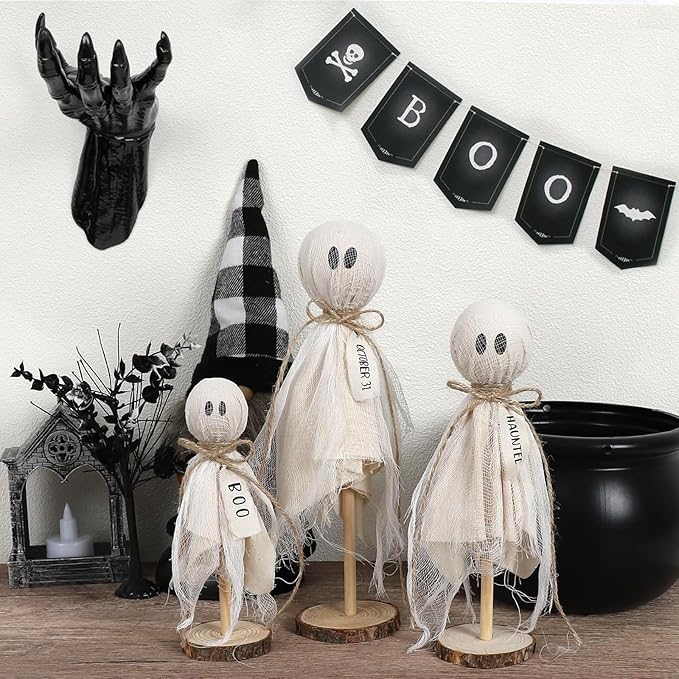 DAZONGE Halloween Decorations Indoor - Set of 3 Primitive Halloween Ghosts on Wooden Stand for Table Centerpieces, Shelves, and Mantels