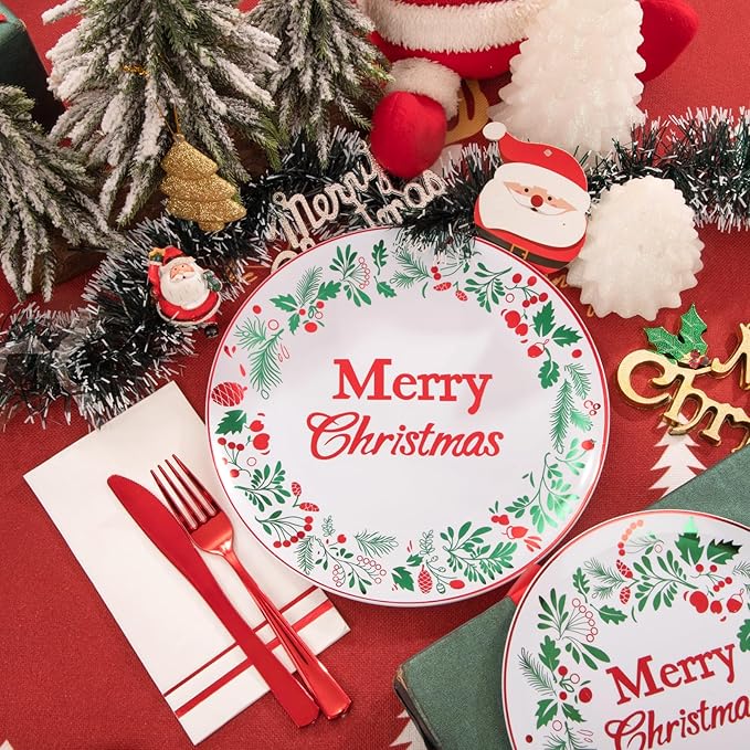 bUCLA 175PCS Christmas Plates Dinnerware Set - Green and Red Christmas Plastic Plates and Napkins Disposable Include 25 Dinner Plates,25 Dessert Plates,75 Cutlery,25 Cups&25 Napkins