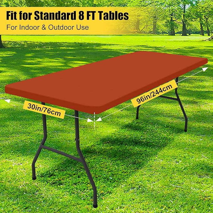 Smiry 2 Pack Rectangle Picnic Table Cloth, Waterproof Elastic Fitted Tablecloths, Washable Polyester Rectangular Patio Table Cover for Camping, Indoor and Outdoor (Rust, 30"x96")