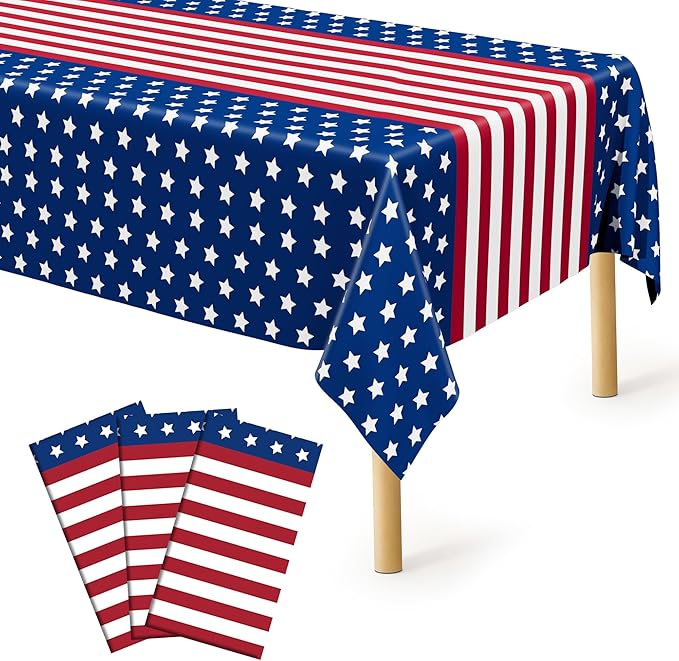 QZYL 3 Pack 4th of July Tablecloths, 54" x 108" Patriotic Plastic Tablecloth, Rectangle Fourth of July Table Cloth Red White Blue Tablecover, Patriotic Party Supplies Independence Day Decorations