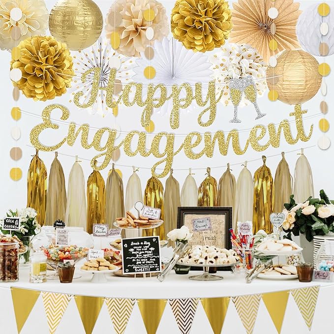 Engagement Party Decorations, Gold Glitter Happy Engagement Banner, Almost Married/Just Engaged Photo Background, Paper Tassel Garland for Congratulations Wedding Bachelorette Party Shower Décor