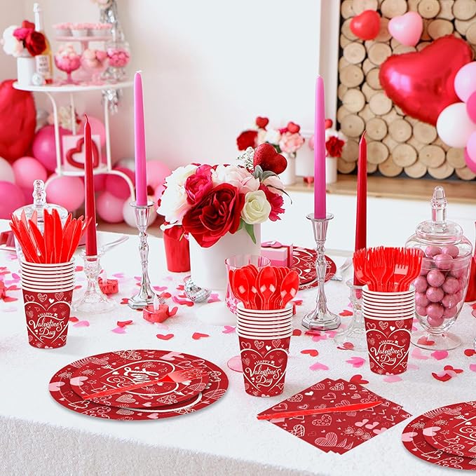175 Pcs Valentine's Day Tableware Set - Serves 25, Heart and Love-Themed Disposable Plates, Cups, Napkins, Forks, Spoons, Knives for Valentine, Wedding Party Supplies, Romantic Holiday Gatherings