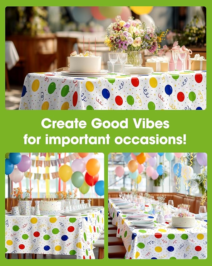 Pureegg Plastic Table Cloth Disposable 10 Pack, 54 x 108 Inch Table Cloths, Birthday Party Decorations, Picnic, White Tablecloths, Rectangle, Colorful, Rainbow Cover, Leakproof & Sturdy, Balloon