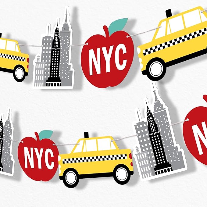 Big Dot of Happiness NYC Cityscape Garland Banner, New York City Party Decorations Banner, 30 Feet of Cord, 15 Double-Sided Big Apple, Taxi, Skyscraper