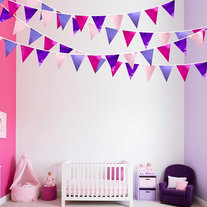 Pink and Purple Party Decorations Metallic Hot Pink Lavender Fabric Triangle Pennant Banner Flag Bunting Garland for Girls Women Birthday Wedding Baby Shower Bachelorette Engagement Party Supplies