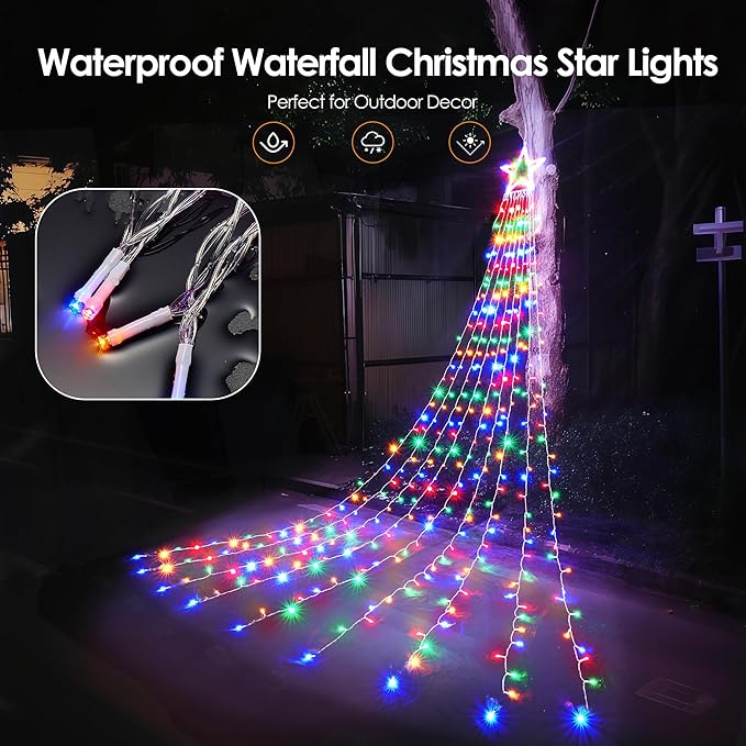 WBao Outdoor Christmas Decorations with Star Topper, 344 LED 11.9ft Color Changing Christmas Lights, Remote Control 11 Modes, Timer, UL Listed Waterproof for Tree Roof Porch, Warm White & Multicolor
