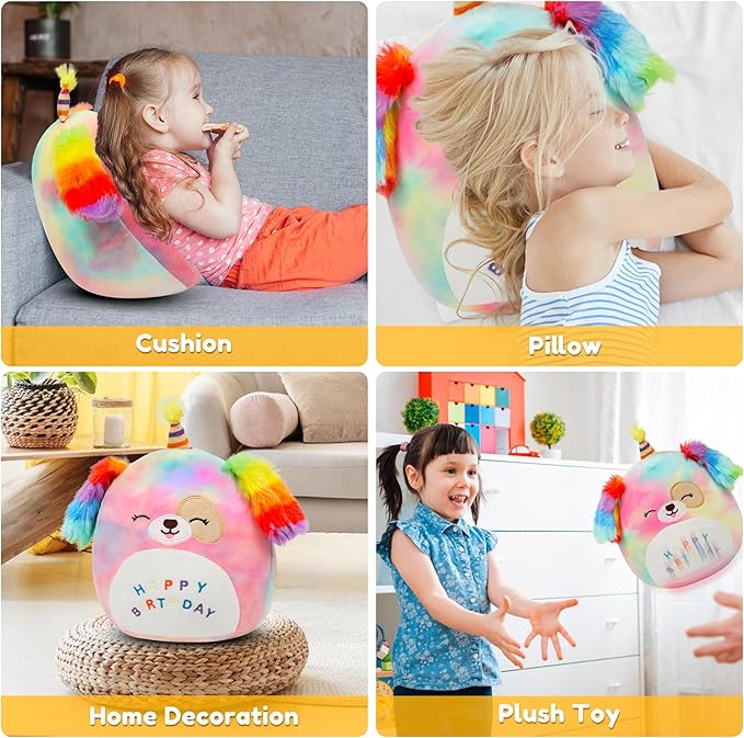 Easfan 8’’ Rainbow Birthday Dog Plush Pillow Soft Puppy Plush Toy Cute Dog Stuffed Animal Birthday Gifts for Kids Toddlers