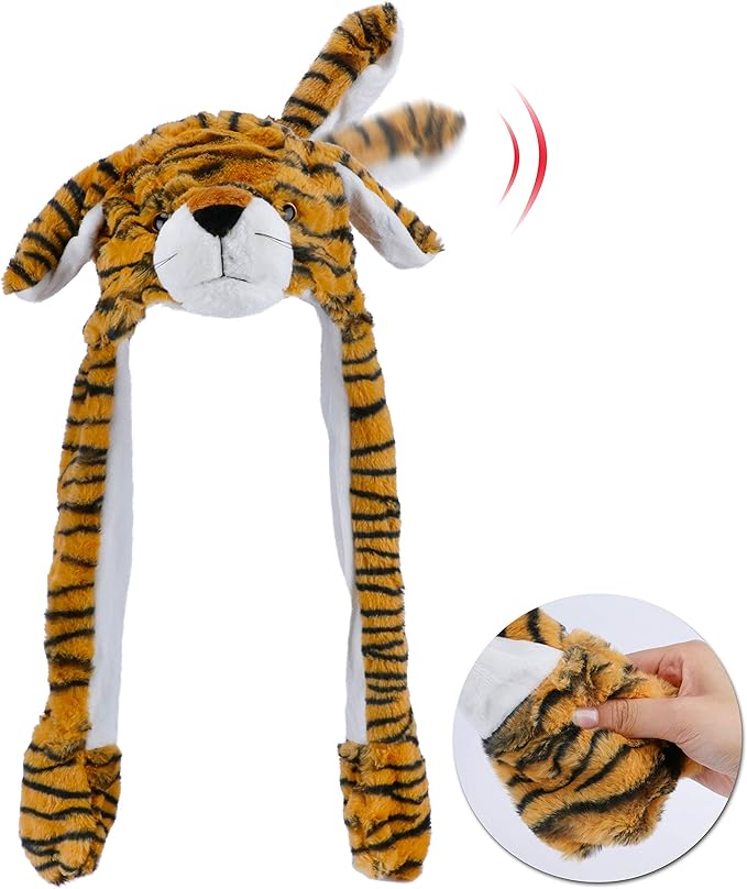 Animal Hat with Ears Moving Jumping Pop Up Beating Hat Plush Holiday Cosplay Dress Up Funny Gift for Kids