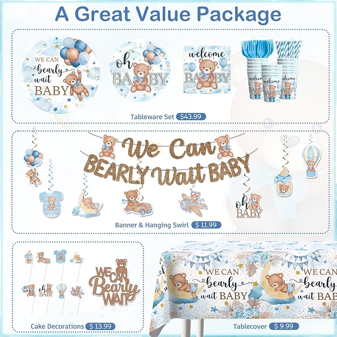 366PCS Blue Baby Shower Decorations Serves 50, Boy Baby Shower Include Banner, Plates, Balloons, Cake Topper and Tablecloths, for Baby Boy Shower Decorations