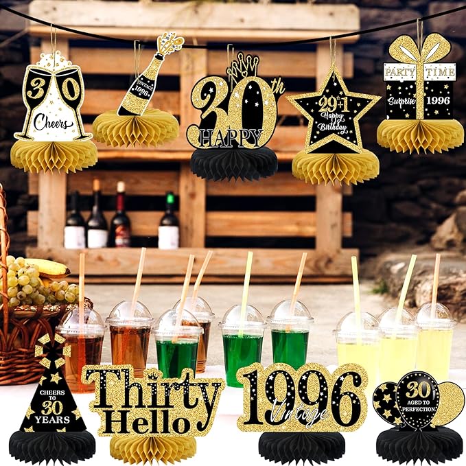 9 Pcs 30th Birthday Decorations Honeycomb Centerpieces for Women Men, Black Gold 1996 Aged to Perfection Vintage Centerpieces for Tables Toppers,Thirty Years Party Decorations Supplies
