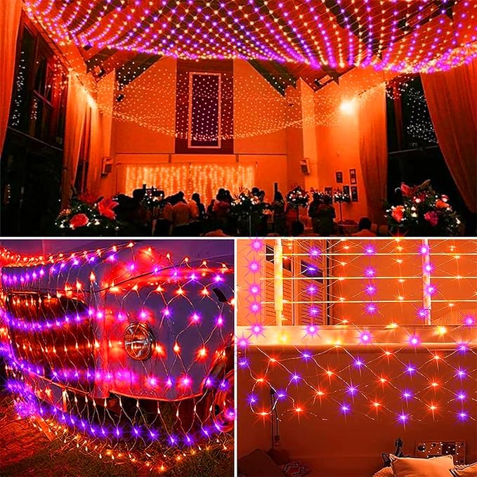LJLNION Halloween Net Lights, 360 LED 12ft x 5ft Connectable Mesh Fairy String Lights, 8 Modes Low Voltage Safe Adaptor for Xmas Trees Bushes Wedding Outdoor Garden Yard Decorations, Orange & Purple