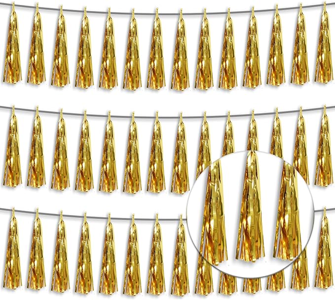3P Metallic Fringe Tassel Banner Garland Foil Tinsel Streamer Wall Hanging Curtain Backdrop Banner for Parade Floats, Graduation Decorations, Wedding Party Decoration(Gold)