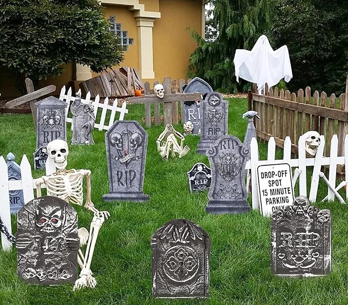 3 Pcs Halloween Tombstones Decoration with Green Remote Lights, Blue Lights, Plastic RIP Grave Yard Signs Outdoor Garden Party Decor
