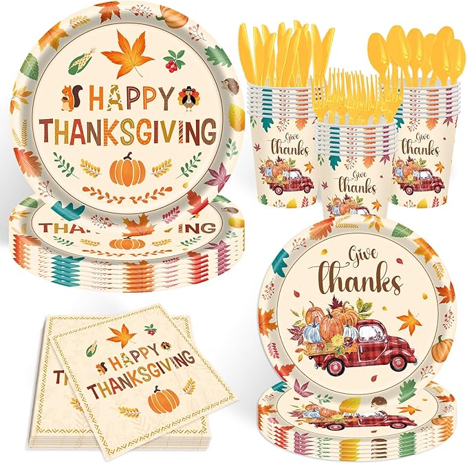 140pcs Thanksgiving Party Decorations Happy Fall Maple Leaves Plates and Napkins Tableware Set for Fall Harvest Thanksgiving Birthday Halloween Party Decorations