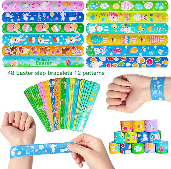 Max Fun 48pcs Easter Slap Bracelets Party Favors Toys Basket Stuffers for Kids Party Favors Easter Egg Fillers