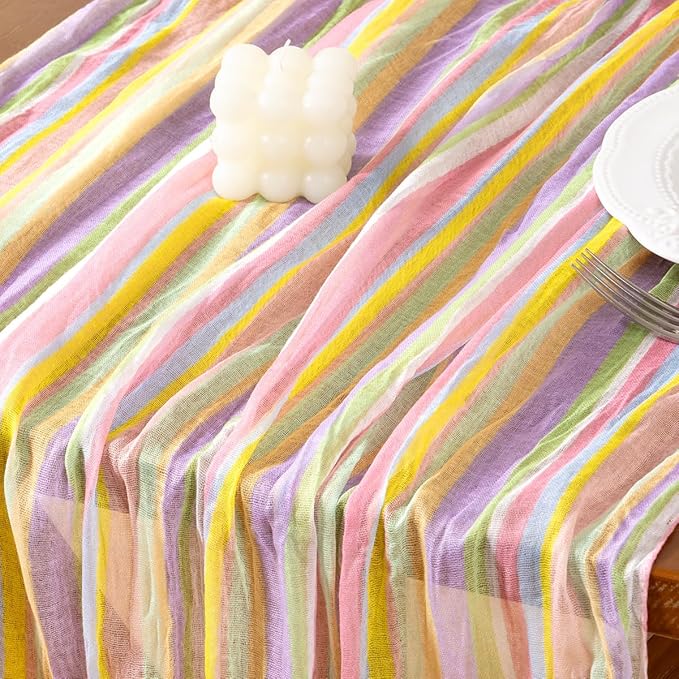 Socomi Easter Spring Table Runner Pastel Stripe Floral Cheesecloth Gauze 120 Inch Rustic Boho Cheese Cloth Runner for Wedding Party Baby Bridal Shower Decoration Holiday Home Decorations