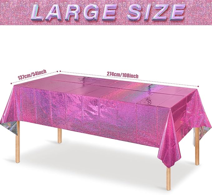 8 Pack Iridescence Plastic Tablecloths Shiny Disposable Laser Rectangle Table Covers Holographic Foil Tablecloth Iridescent Kpop Birthday Bridal Wedding Christmas Party Decoration, 54" x 108" (Pink)