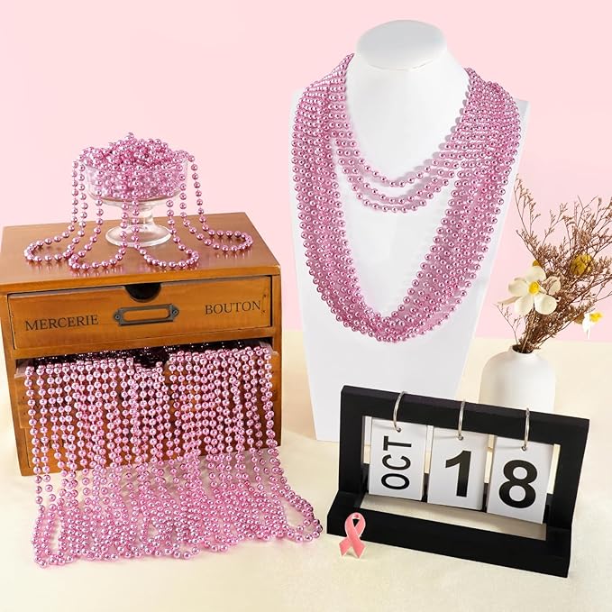 SHAOQINLIN 50 PCS Pink Bead Necklace, 33" Pink Mardi Gras Beads, Breast Cancer Awareness Beaded Necklaces, Party Beads for Mardi Gras, Christmas, Valentine's Day, Wedding, Gender Reveal Party Favors
