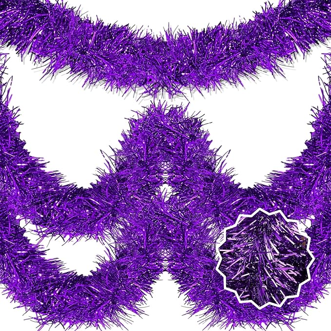 50 Feet Purple Christmas Tinsel Garland, Metallic Foil Twist Banner Wall Hanging Tinsel Streamers Backdrop for Parade Floats, Christmas, Mother's Day, Birthday Party Decorations(2in x 50ft)
