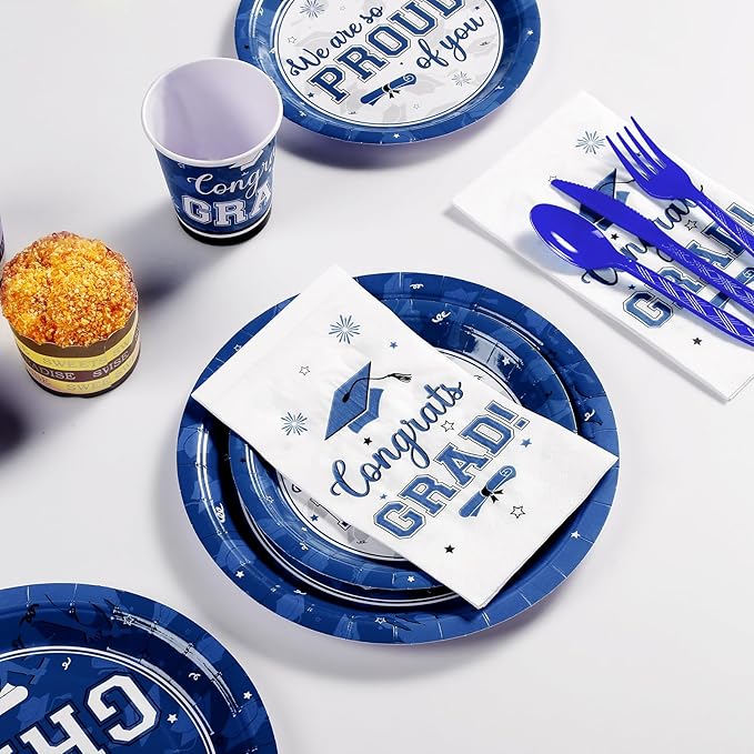 Graduation Party Supplies Congrats Grad Plates and Napkins Set Disposable Tableware Paper Plates Napkins Cups Knives Spoons Forks Straws for Class of 2025 Graduation Party Decorations Serve 100 (Blue)