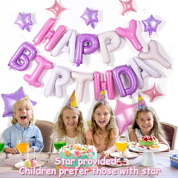 Birthday Banner, 3D Mylar Foil Happy Birthday Balloons, 26pcs Birthday Party Decorations with 8pcs Star Balloons for Kids Girls Women Adults Ecofriendly Party Supplies, Pantone