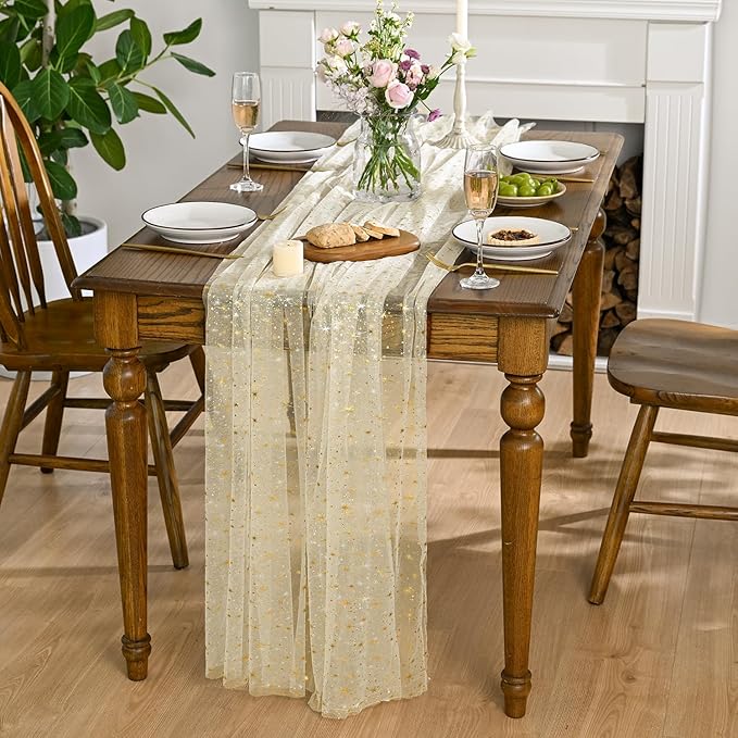 Horaldaily Beige Gold Sparkling Star Gauze Tablecloth 60x120 Inch Rectangular, Golden Star Sequin Glitter Metallic Foil, Sheer Tulle Cheesecloth for Wedding Baby Shower Party