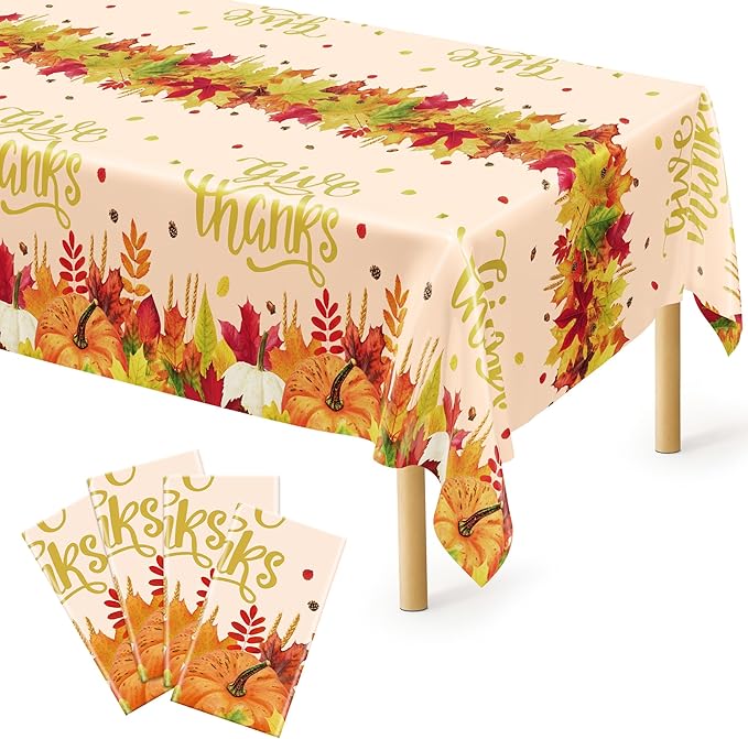 QZYL 4 Pack Thanksgiving Tablecloths, 54" x 108" Fall Plastic Tablecloth, Rectangle Maple Leaves Pumpkin Disposable Table Cloths Tablecover, Thanksgiving Decorations Table Decor Fall Party Supplies