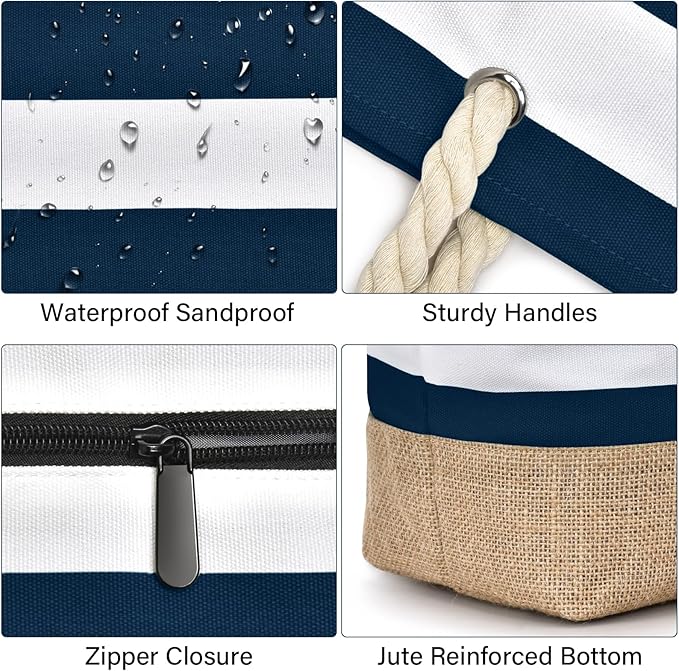 Becokan Beach Bags for Women Large Canvas Beach Tote Bag Beach Bags Waterproof Sandproof Swim Pool Bag Travel Essentials