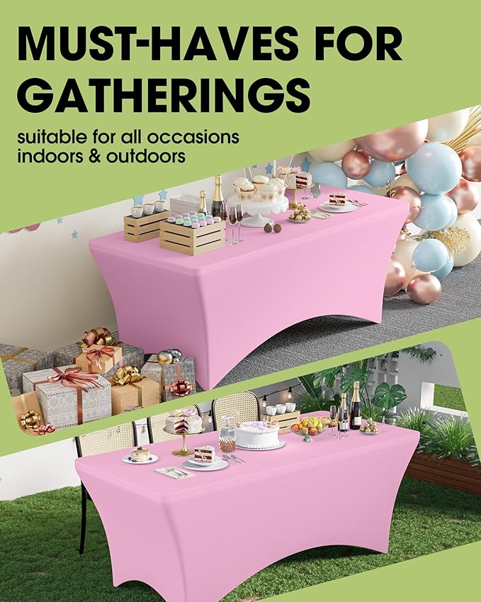 Pureegg Spandex Tablecloth 6ft - 6 Pack, Fitted and Stretch Table Cover for Rectangle Tables, Wrinkle-Resistant and Secure Fabric for Outdoor, Picnic, Party, Wedding, Banquet and Birthday, Pink