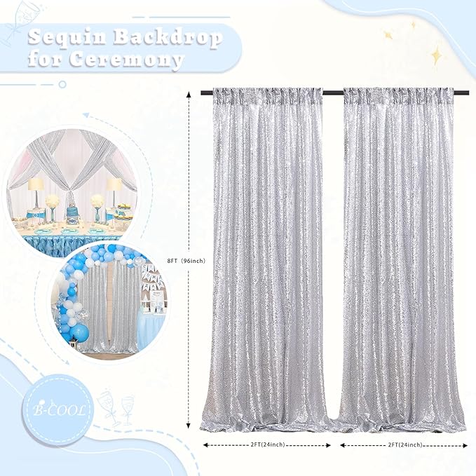 B-COOL Silver Sequin Backdrop Curtains 2 Panels 2ftx8ft Birthday Sequin Curtain for Background Silver Drapes for Birthday Party Baby Shower Photography Decorations