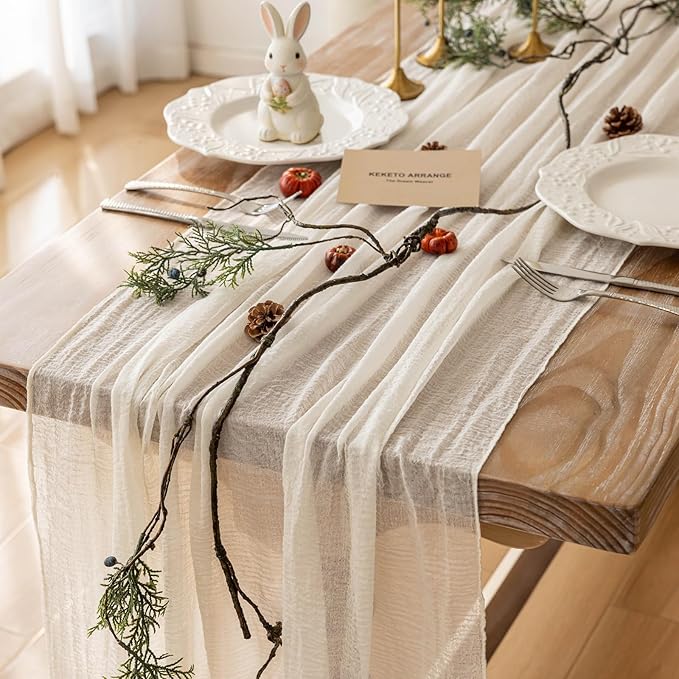 Keketoarrange 6pcs Ivory Gauze Rustic Cheesecloth Table Runner 120 Inch 10 FT for Wedding Baby Shower Bridal Shower Birthday Engagement Garden Outdoor Party Long Sheer Boho Decorations