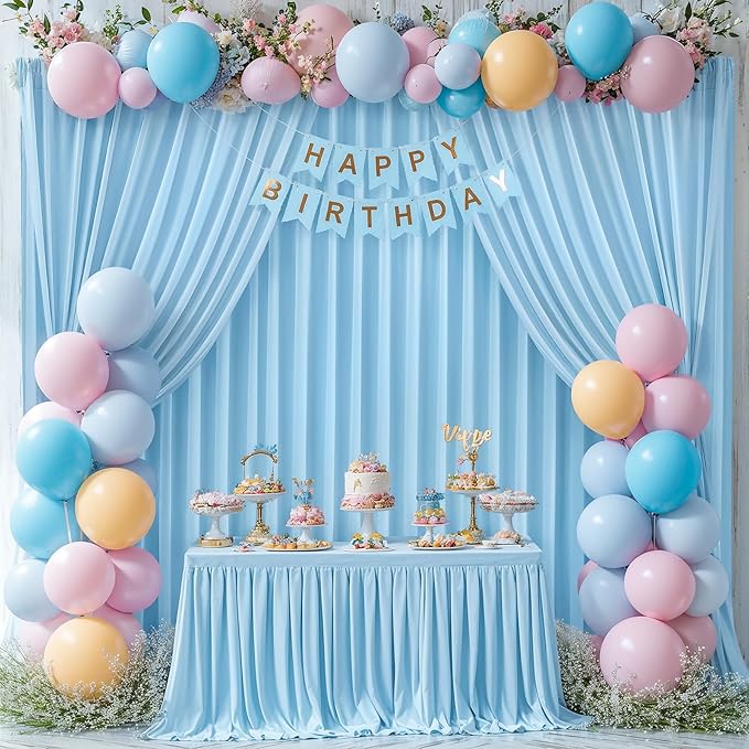Blue Backdrop Curtains 10 Panels - Wrinkle-Free Light Blue Curtains Polyester Photography Drapes Photo Background for Baby Shower Birthday Party Decorations- 40 X10FT