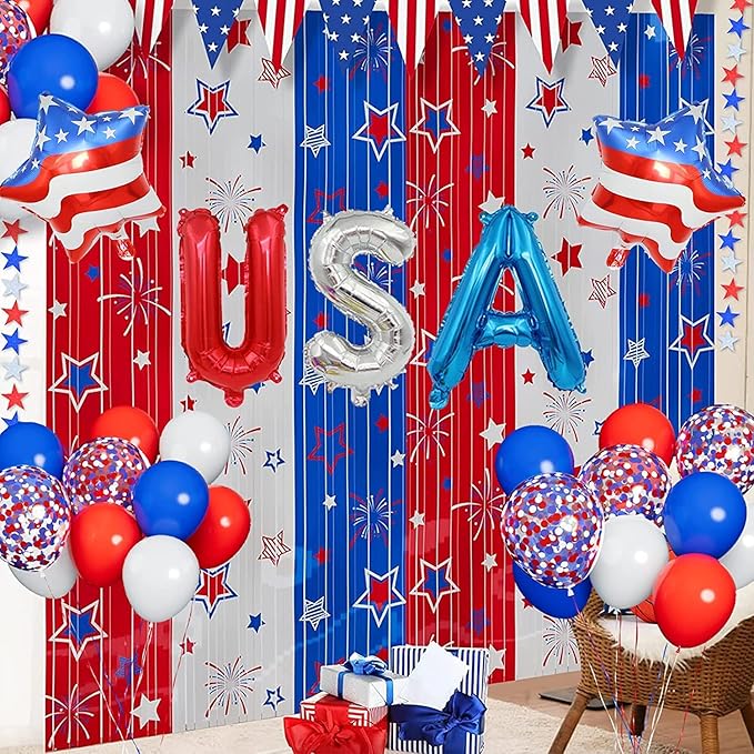 Red White and Blue Balloons Party Decorations with Patriotic Theme Foil Fringe Curtain for Graduation Party Supplies Nautical Veterans Memorial Day 4th of July Balloon Arch Decorations