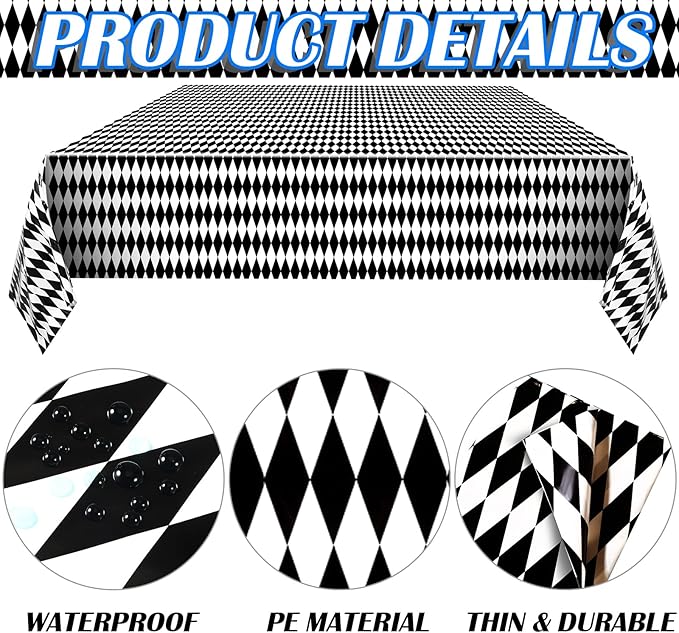 Irenare 3 Pieces Black and White Checkered Tablecloth Gingham Tablecover Disposable Plastic Tablecloth Spring Picnic Tablecover for Spring Birthday Party Sock Hop Holiday Party Decor 54 x 108 Inches