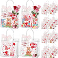 Henoyso 24 Pcs Valentines Clear Gift Bags Plastic Pink Candy Goodie Treat Bag Valentines Day Party PVC Totes with Handles Ribbon Galentines Day Party Favors, 7.8 x 7.8 x 3.1 Inches