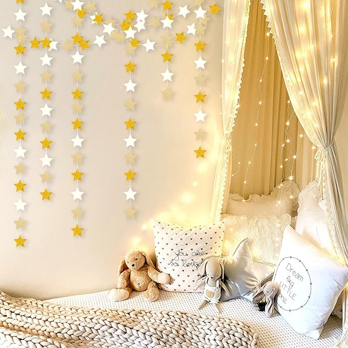 White-Gold Champagne Party-Decorations Bachelorette-Christmas Garland - 62ft Twinkle Little Star Hanging Streamers Banner, Wedding Birthday Baby Bridal Shower Engagement Decor Hugtmr