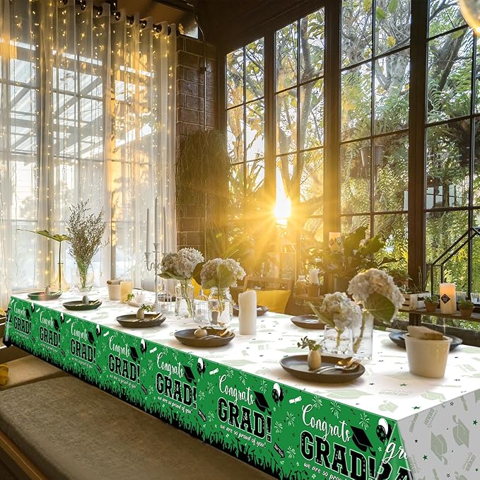 3 Pack Graduation Tablecloth Party Decorations, Class of 2026 Congrats Grad Plastic Tablecover Party Supplies, Green Rectangle Graduation Table Decorations for College High School Party, 54 x 108 Inch
