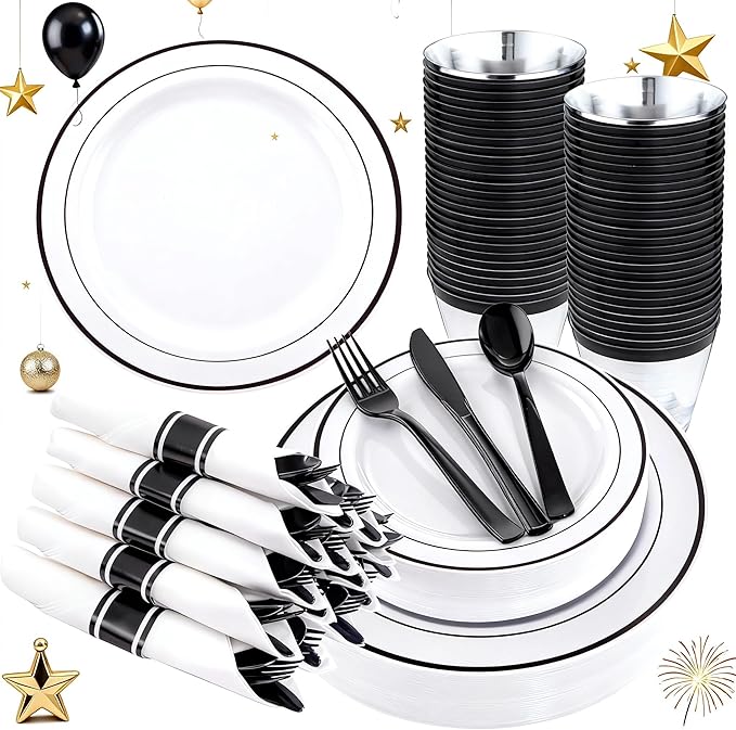 WELLIFE 210Pcs Black Plastic Dinnerware with Pre Rolled Napkins, Include:30 Dinner Plates, 30 Dessert Plates, 30 Paper Napkins, 30 Cups, 90 Plastic Cutlery