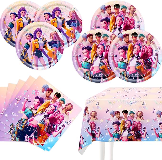 Demon Hunters Birthday Decorations, 20 Plates, 20 Napkins and 1 Tablecover for Boys Girls Kpop Party Supplies