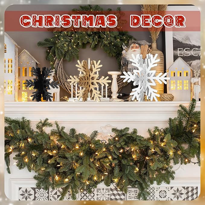 Bucherry 12 Pcs Wooden Snowflake Table Decor 3D Snowflake Tabletop Signs and Centerpiece for Christmas Xmas Winter Wonderland Decorations Home Party(White, Gold, Black)