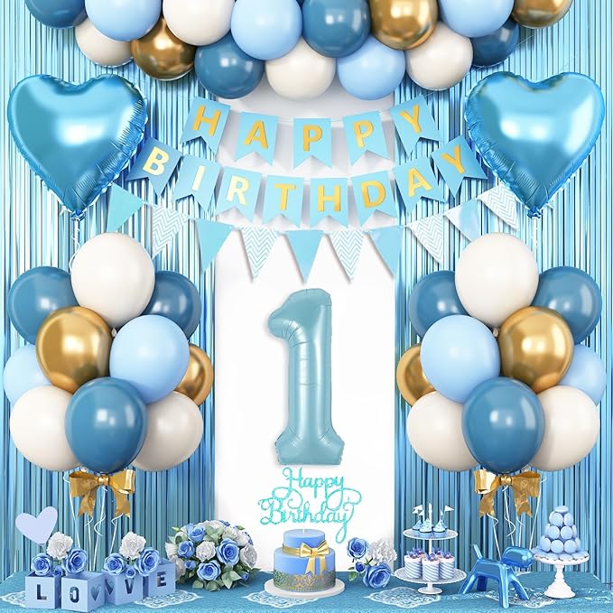 1st Birthday Decorations Blue White Gold,First Birthday Balloons with Happy Birthday Banner Fringe Curtain Heart Foil Balloons for Boys Girls 1 Year Old Birthday Decor