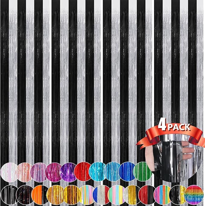 Black Silver Metallic Tinsel Foil Fringe Curtains, 4 Pack 3.3x8.3 Feet Party Streamer for Birthday Party Decorations, Halloween Decor, Foil Curtain for Bachelorette Party