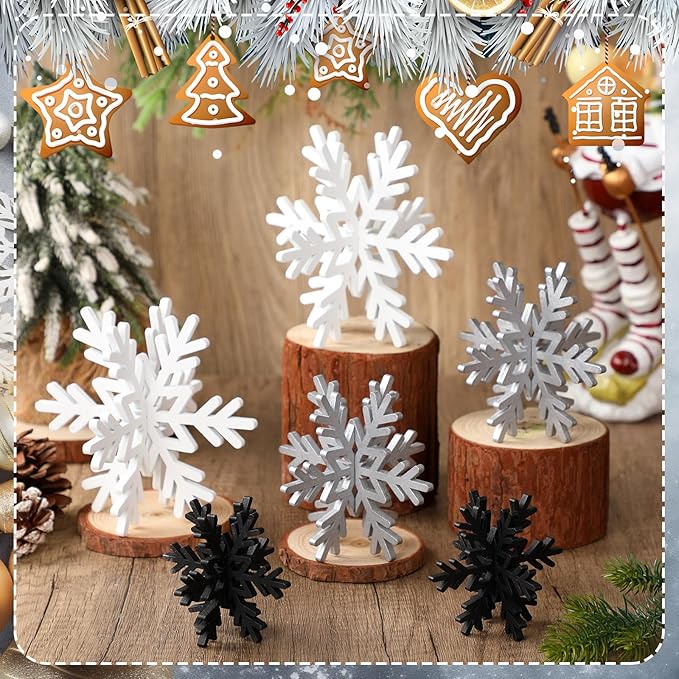 Bucherry 12 Pcs Wooden Snowflake Table Decor 3D Snowflake Tabletop Signs and Centerpiece for Christmas Xmas Winter Wonderland Decorations Home Party(White, Gray, Black)