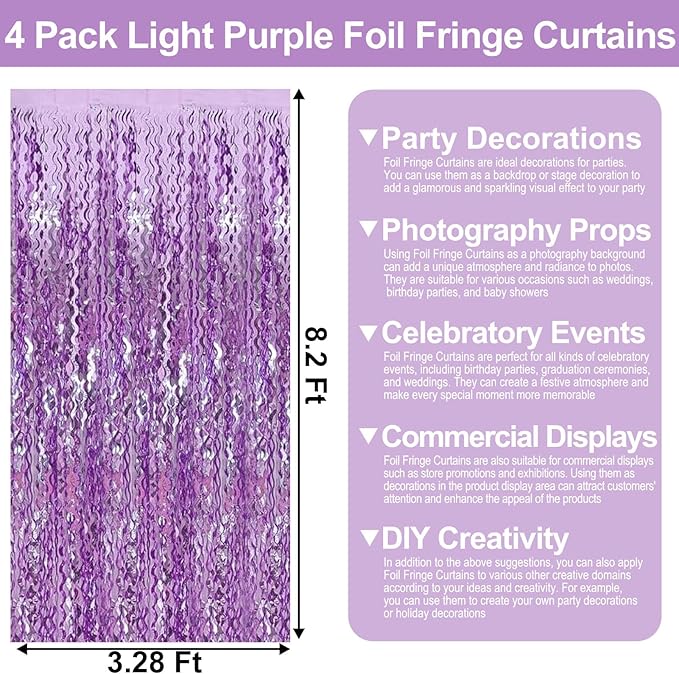 4 Pack Light Purple Wave Foil Fringe Curtain Backdrop, 3.28Ft x 8.2Ft Metallic Tinsel Foil Fringe Streamer Curtains for Photo Booth, Mother's Day, Easter, Birthday, Wedding Party Decoration