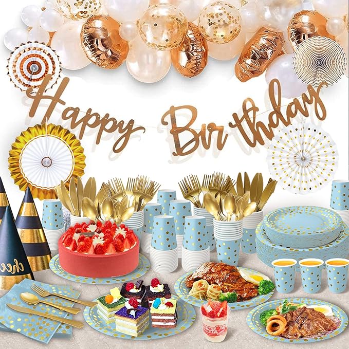 AIRE 175Pcs Blue and Gold Paper Plates Dinnerware Sets for 25 Guests, Party Decorations Paper Plates Party Supplies Gold Plastic Forks Knives Spoons, Golden Dot Napkins Cups For Birthday Baby Shower